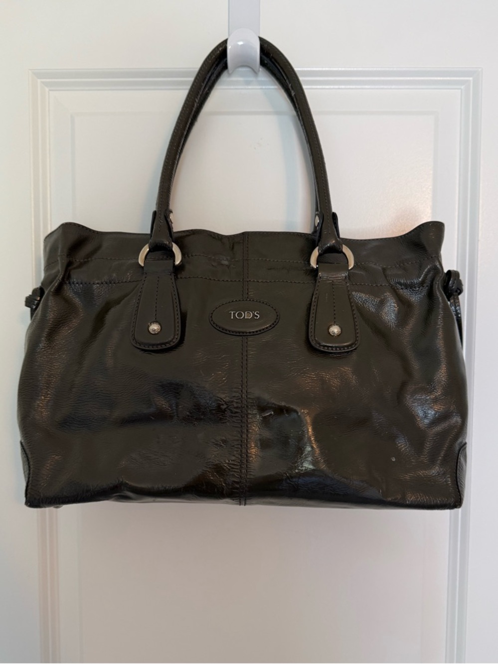 Tod's Patent Leather D-Bag Tote - Gunmetal Gray/Green